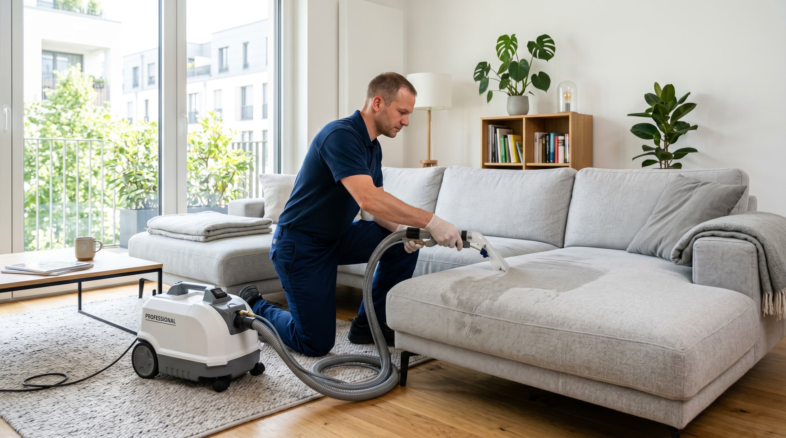 Professionelle Polsterreinigung München – Fachkraft reinigt Sofa mit Spray-Extraktion